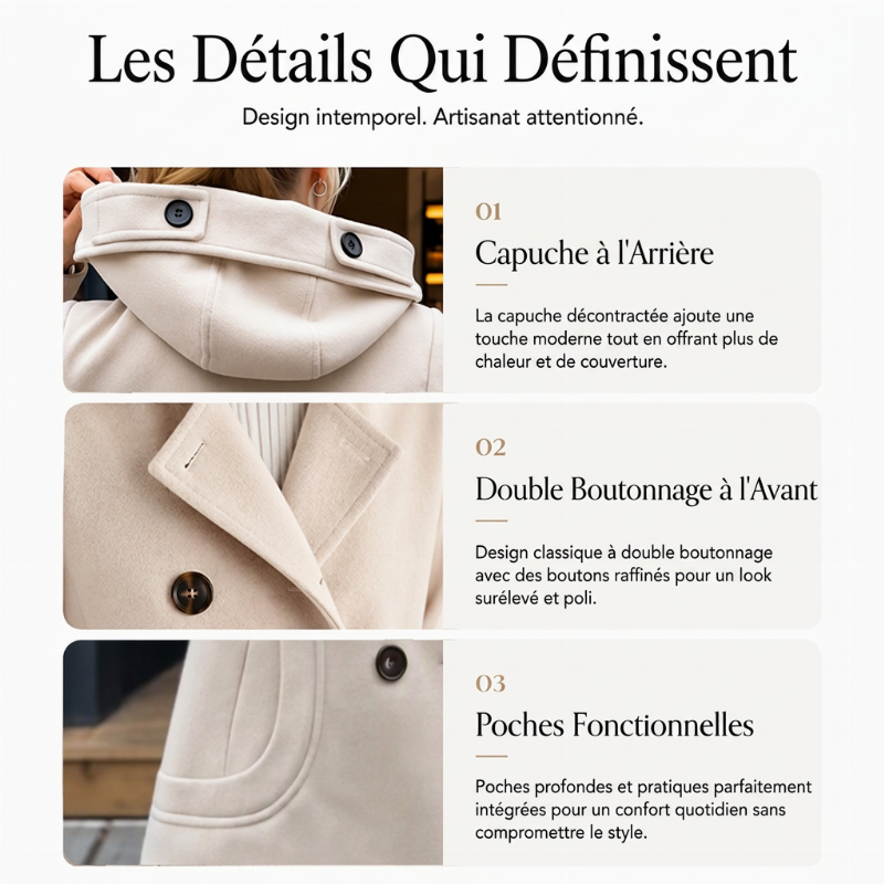 Manteau corsage à capuche et double boutonnage pour femme