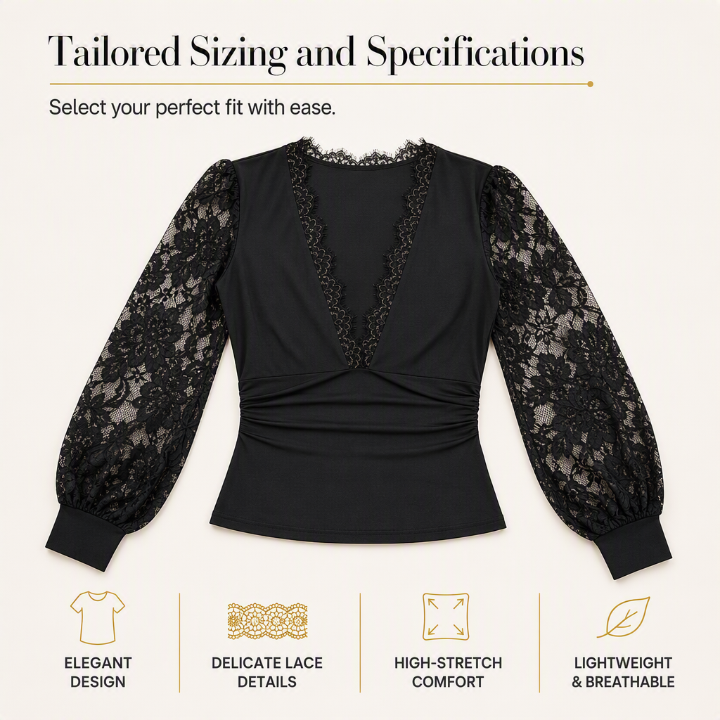 Women's Deep V-Neck Lace Long Sleeve Top