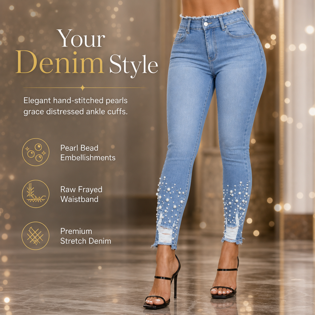 Women's Light Blue Pearl Embellished Slim Fit Skinny Jeans with Raw Frayed Waist and Distressed Ripped Ankle Cuffs