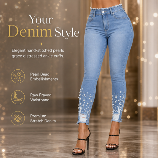 Jean skinny ajusté pour femme, bleu clair, orné de perles, avec taille effilochée et bords déchirés à la cheville
