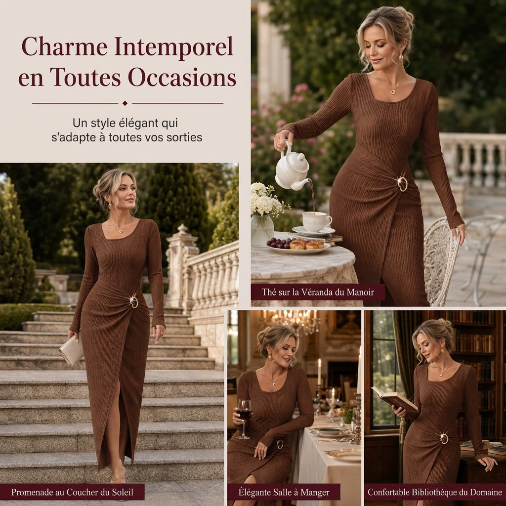 Robe longue en maille texturée unisexe pour femme, col irrégulier, automne-hiver