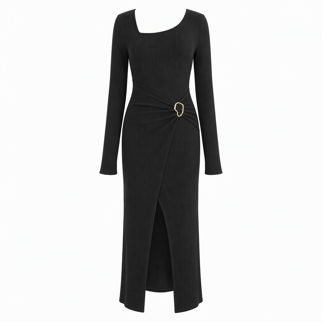 Robe longue en maille texturée unisexe pour femme, col irrégulier, automne-hiver