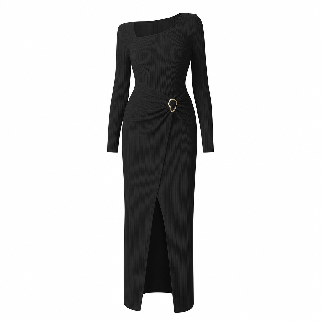 Robe longue en maille texturée unisexe pour femme, col irrégulier, automne-hiver