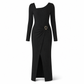 Robe longue en maille texturée unisexe pour femme, col irrégulier, automne-hiver