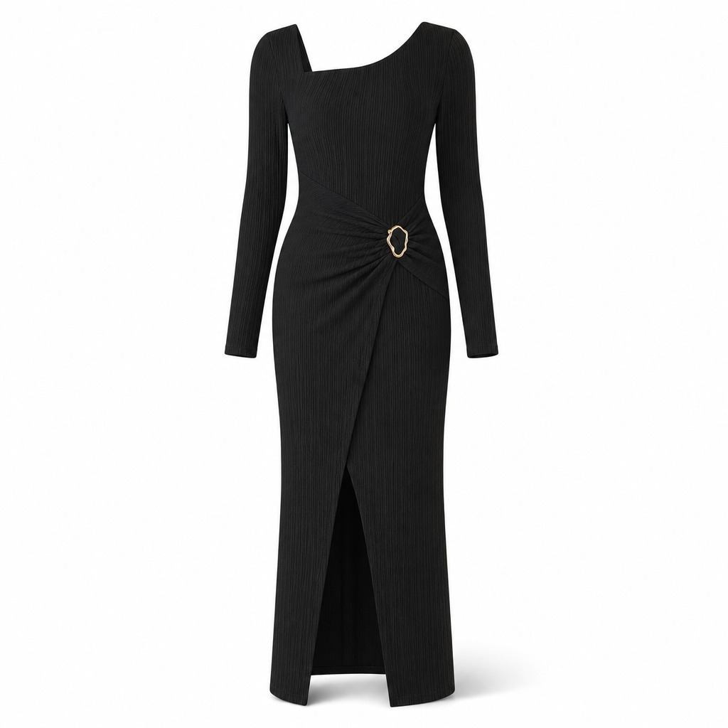 Robe longue en maille texturée unisexe pour femme, col irrégulier, automne-hiver