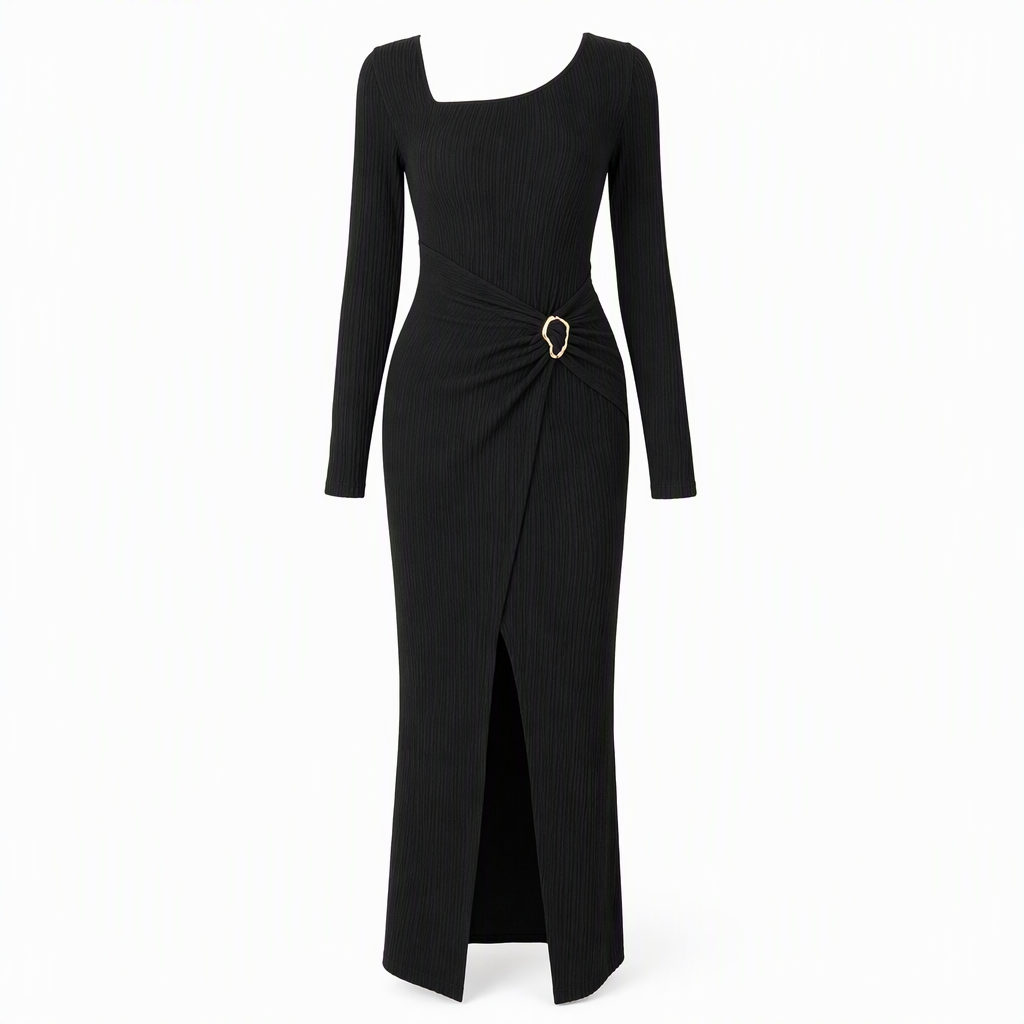 Robe longue en maille texturée unisexe pour femme, col irrégulier, automne-hiver