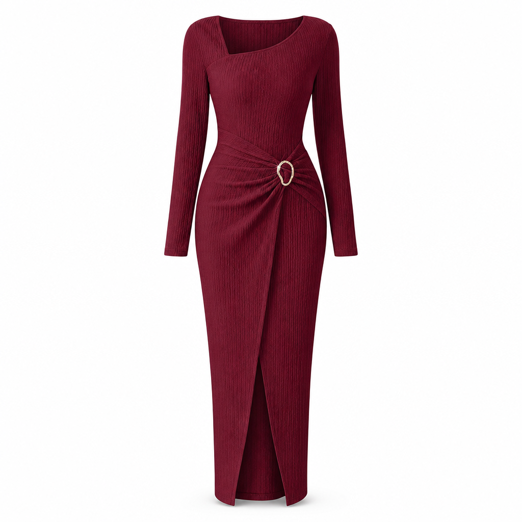 Robe longue en maille texturée unisexe pour femme, col irrégulier, automne-hiver