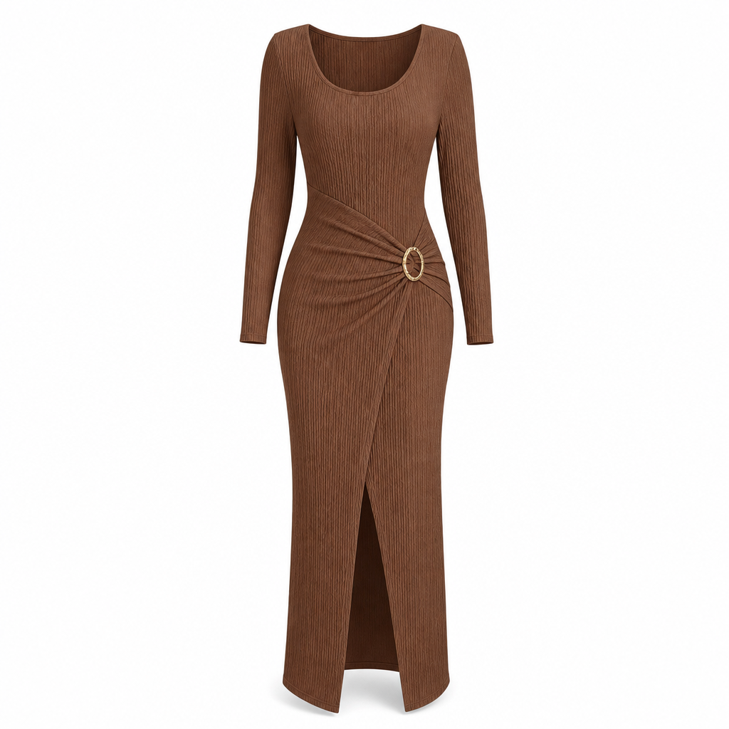 Robe longue en maille texturée unisexe pour femme, col irrégulier, automne-hiver