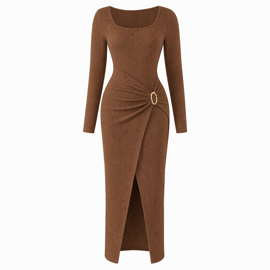 Robe longue en maille texturée unisexe pour femme, col irrégulier, automne-hiver