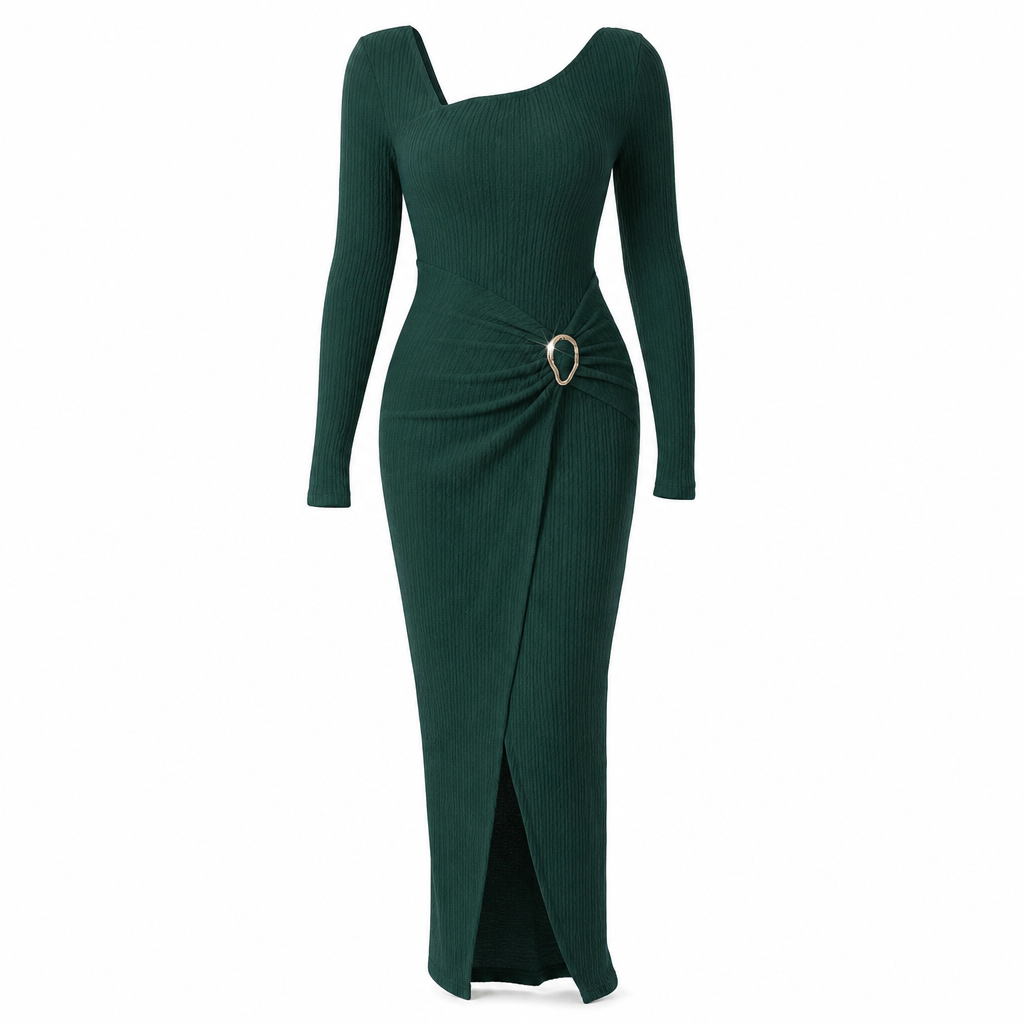 Robe longue en maille texturée unisexe pour femme, col irrégulier, automne-hiver
