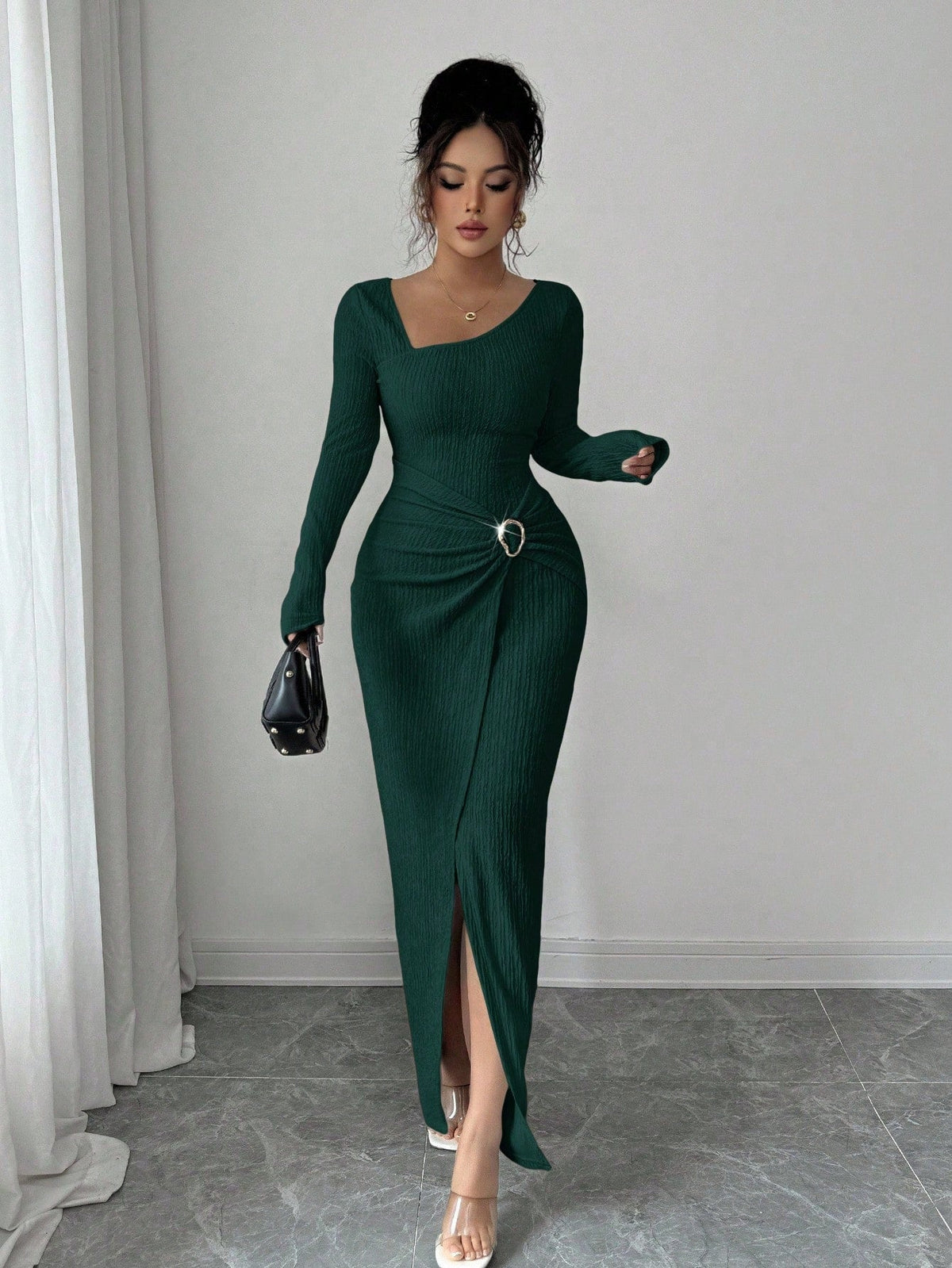 Robe longue en maille texturée unisexe pour femme, col irrégulier, automne-hiver