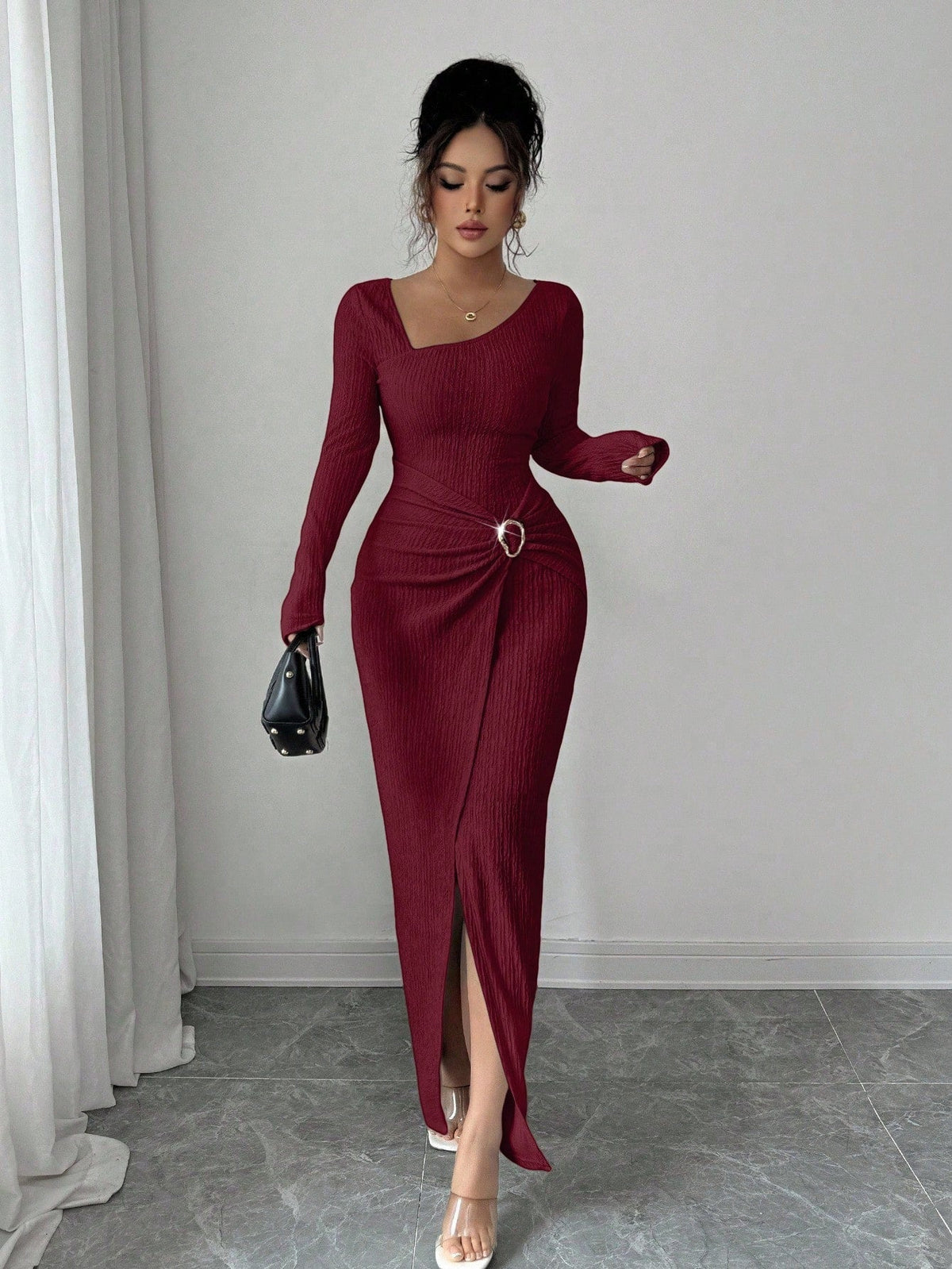 Robe longue en maille texturée unisexe pour femme, col irrégulier, automne-hiver