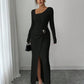 Robe longue en maille texturée unisexe pour femme, col irrégulier, automne-hiver