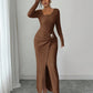 Robe longue en maille texturée unisexe pour femme, col irrégulier, automne-hiver