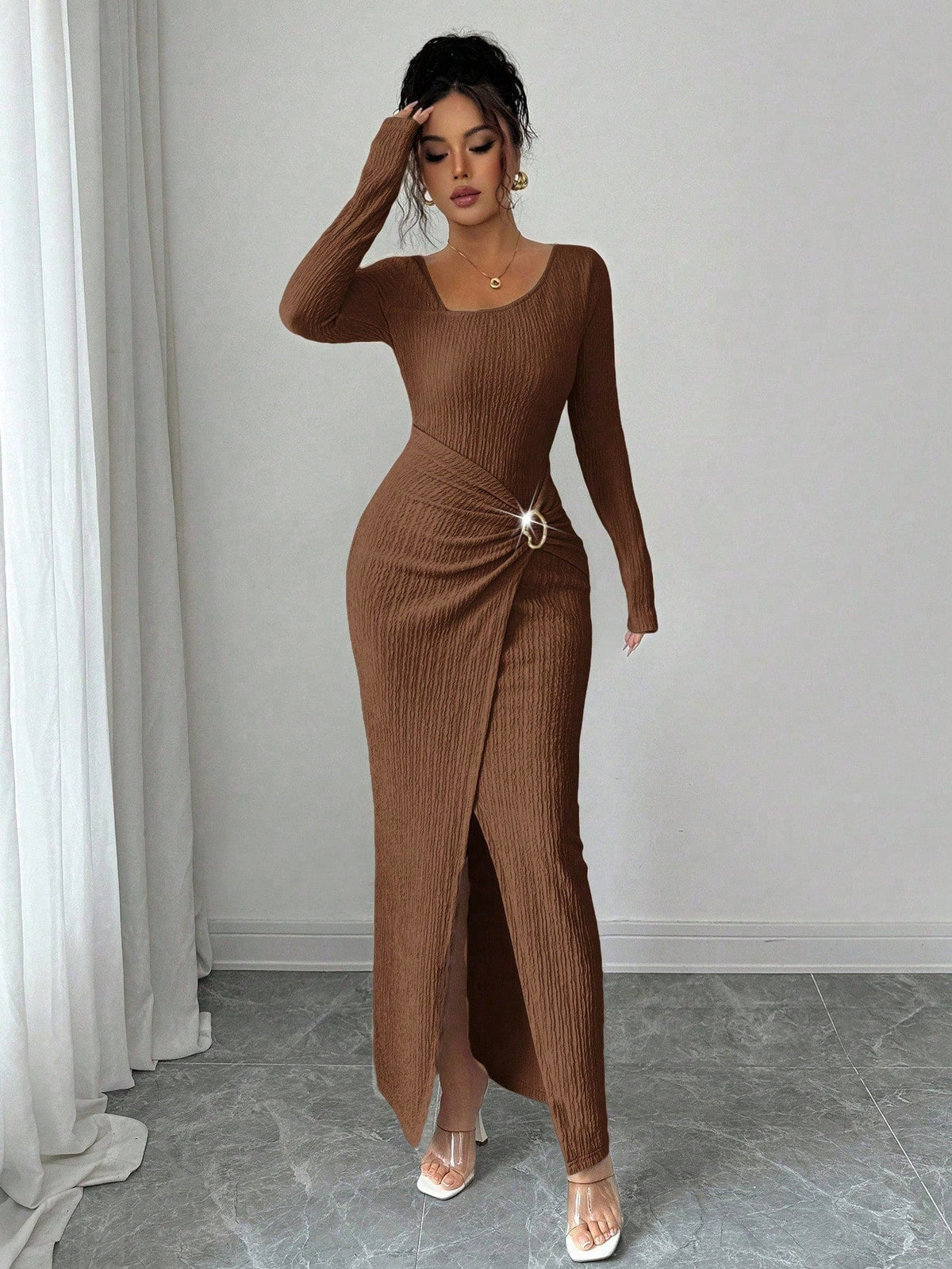 Robe longue en maille texturée unisexe pour femme, col irrégulier, automne-hiver