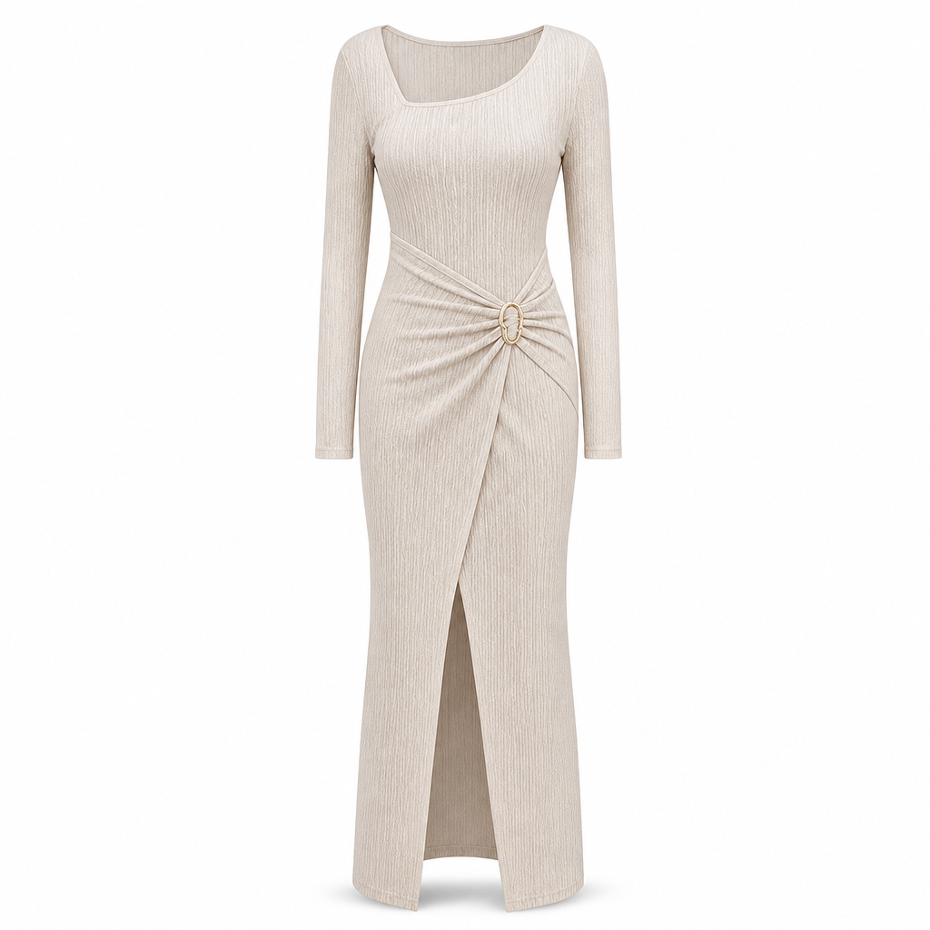 Robe longue en maille texturée unisexe pour femme, col irrégulier, automne-hiver