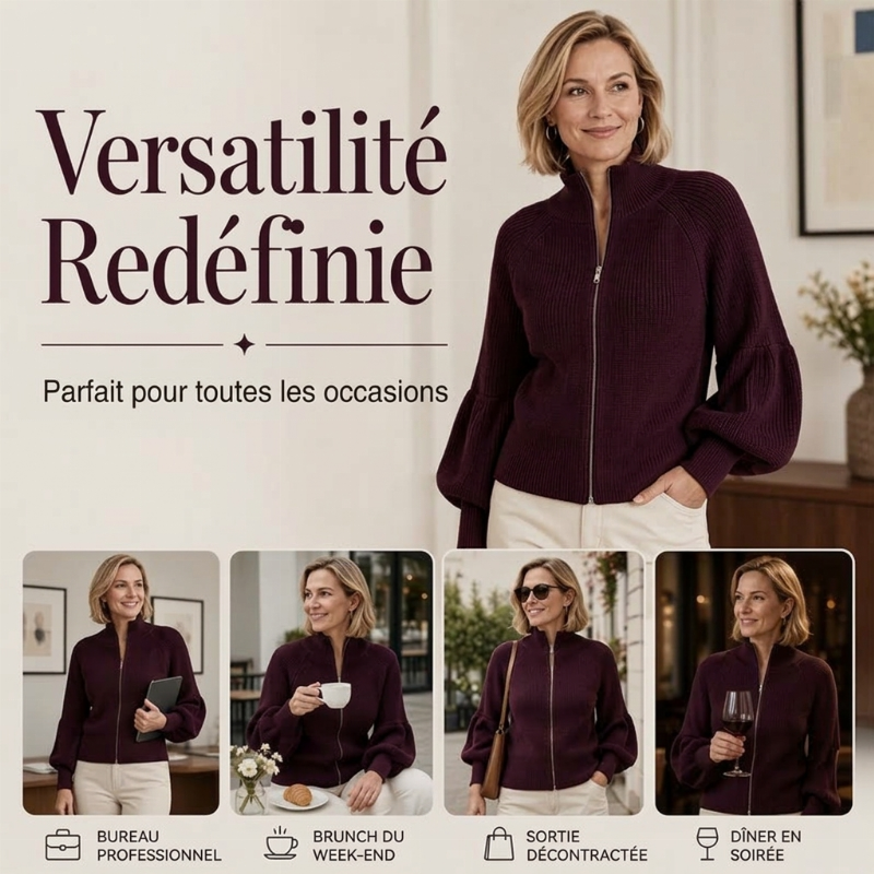 Pull en maille femme à manches bouffantes et fermeture éclair