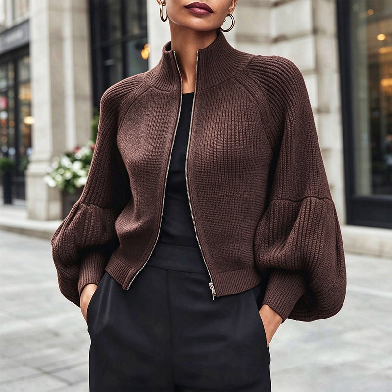 Pull en maille femme à manches bouffantes et fermeture éclair