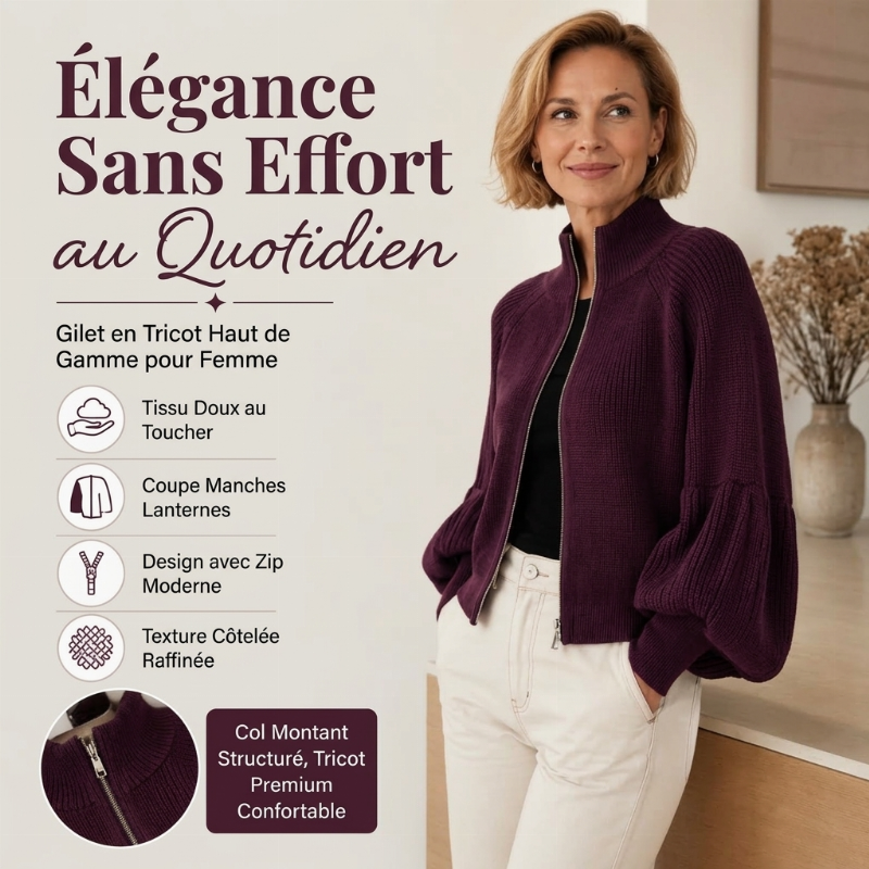 Pull en maille femme à manches bouffantes et fermeture éclair