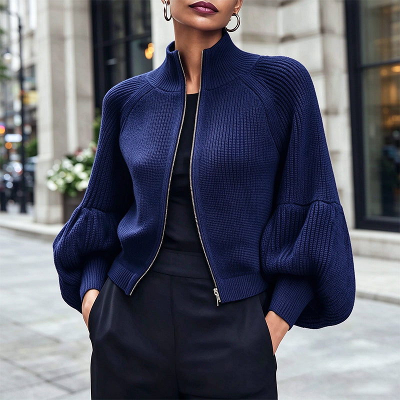 Pull en maille femme à manches bouffantes et fermeture éclair