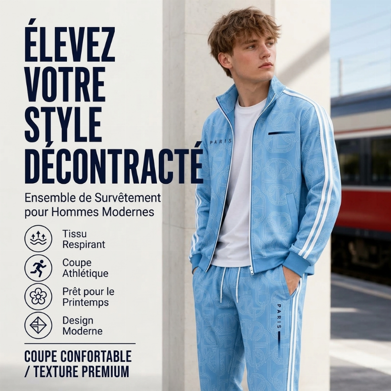 Ensemble veste à fermeture éclair complète et pantalon à imprimé géométrique pour homme