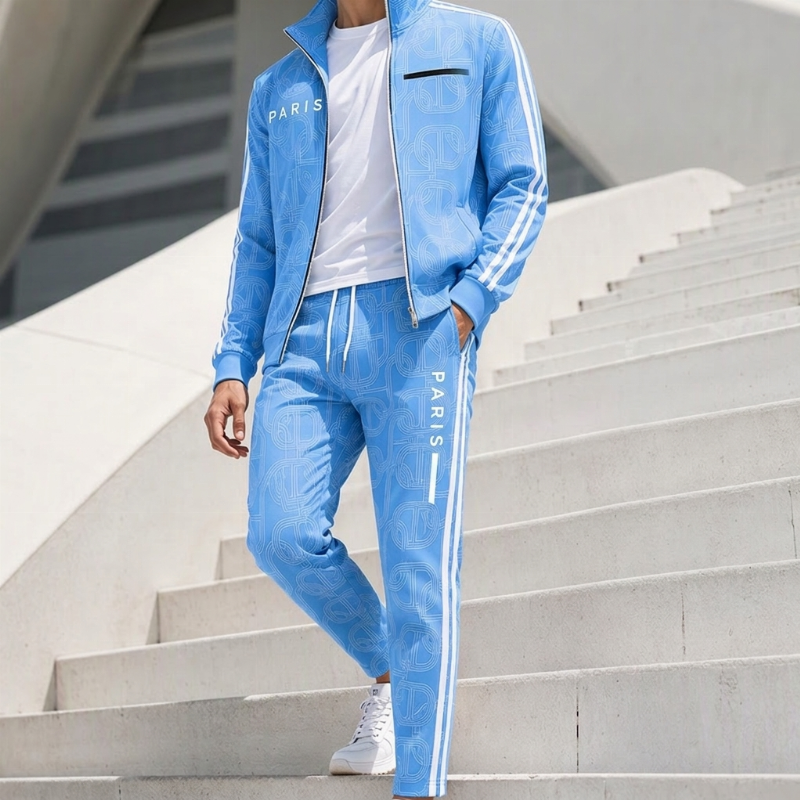 Ensemble veste à fermeture éclair complète et pantalon à imprimé géométrique pour homme