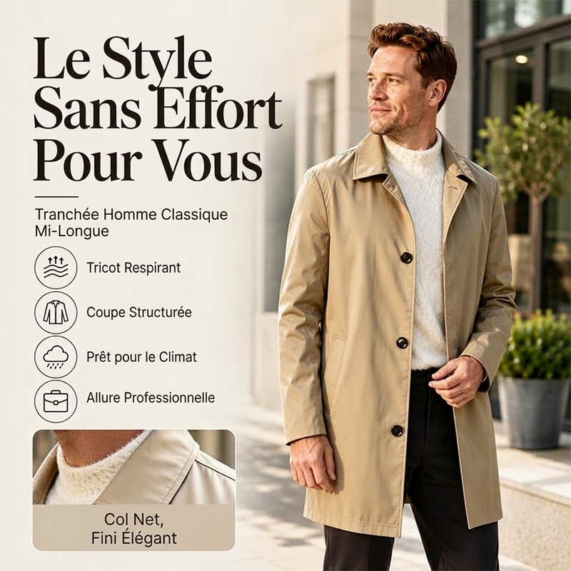 Manteau mi-long minimaliste pour homme à boutonnage simple