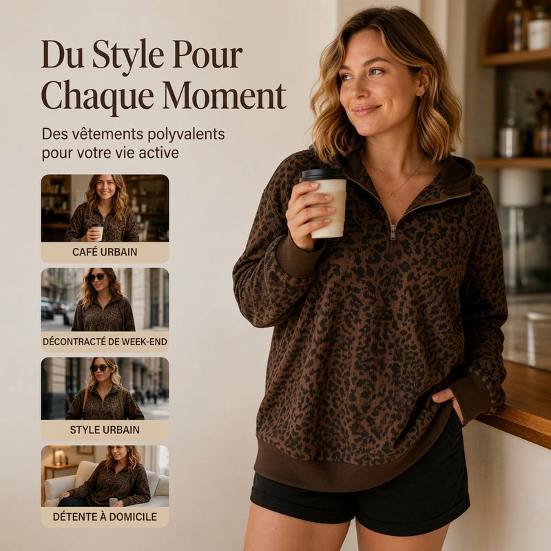 Sweat à col demi-zèbre pour femme à imprimé léopard
