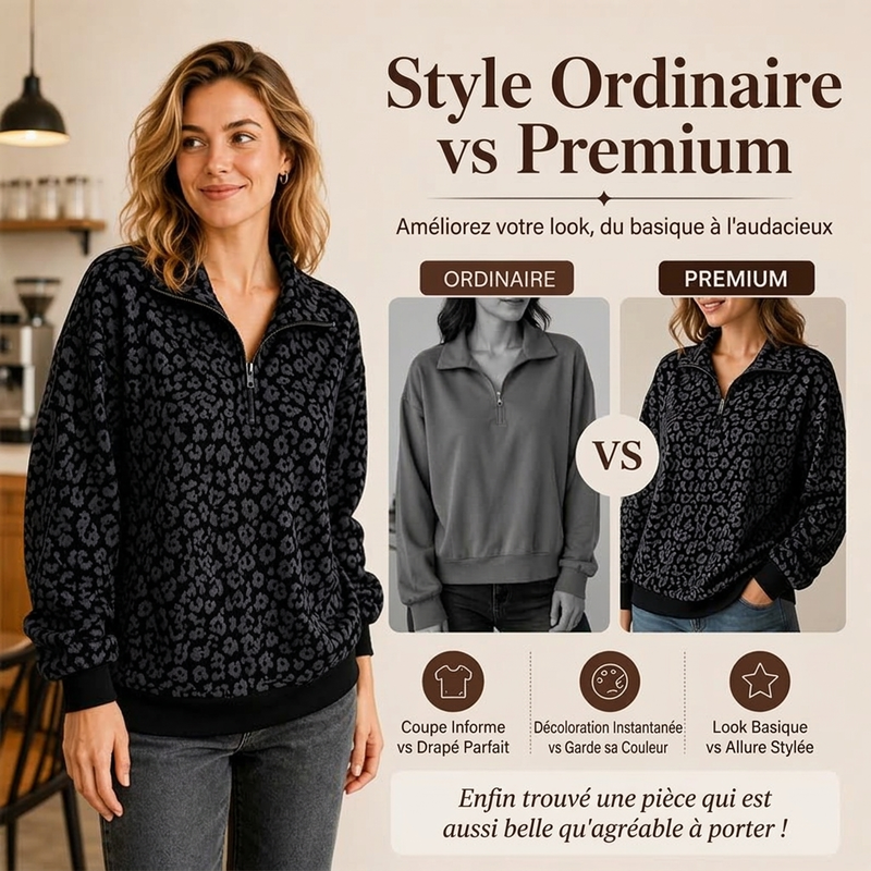 Sweat à col demi-zèbre pour femme à imprimé léopard