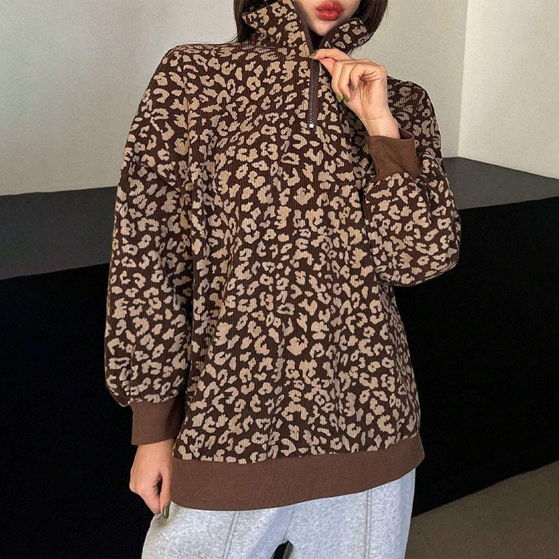 Sweat à col demi-zèbre pour femme à imprimé léopard