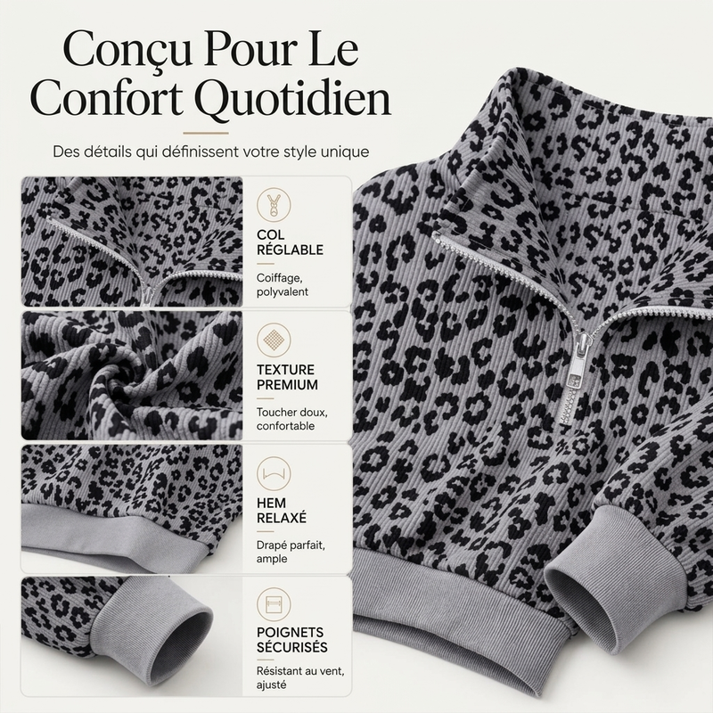 Sweat à col demi-zèbre pour femme à imprimé léopard