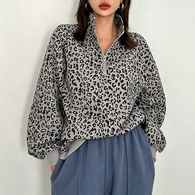Sweat à col demi-zèbre pour femme à imprimé léopard