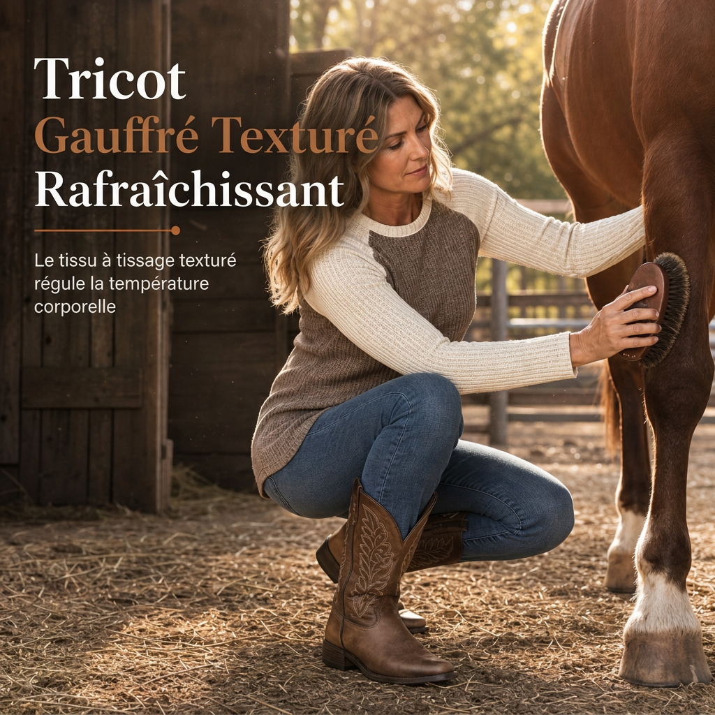 Haut en maille à manches longues raglan de style Western Ranch pour femme, en tissu gaufre texturé avec ourlet incurvé
