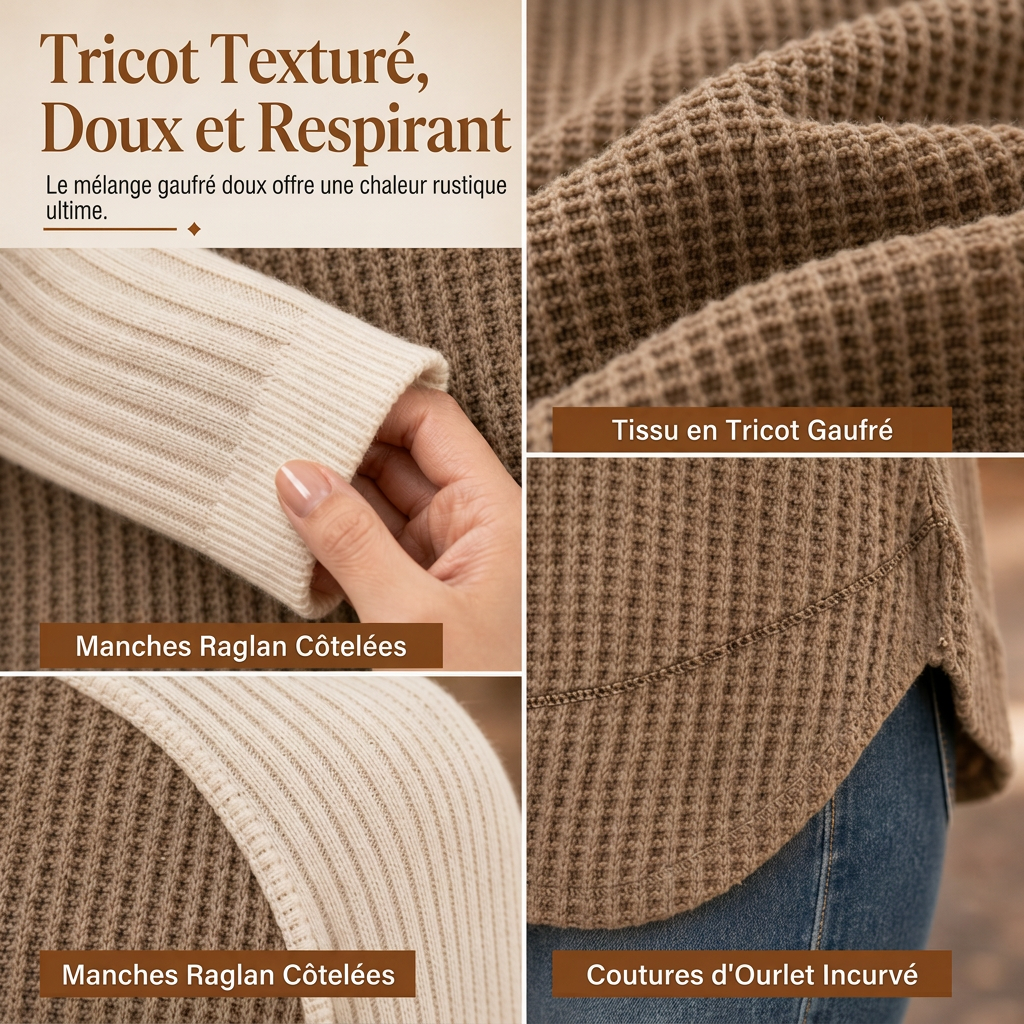 Haut en maille à manches longues raglan de style Western Ranch pour femme, en tissu gaufre texturé avec ourlet incurvé