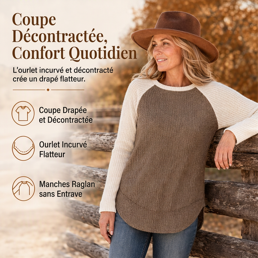 Haut en maille à manches longues raglan de style Western Ranch pour femme, en tissu gaufre texturé avec ourlet incurvé