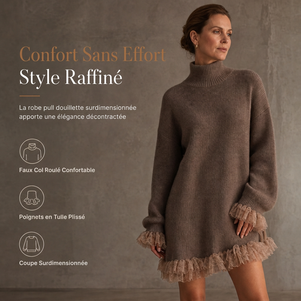Robe pulls oversize en maille à col montant et bordure volant en tulle