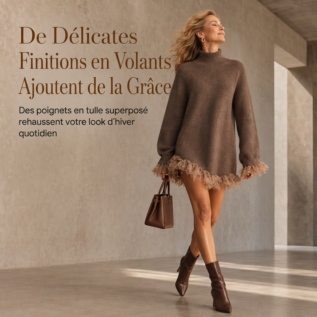 Robe pulls oversize en maille à col montant et bordure volant en tulle