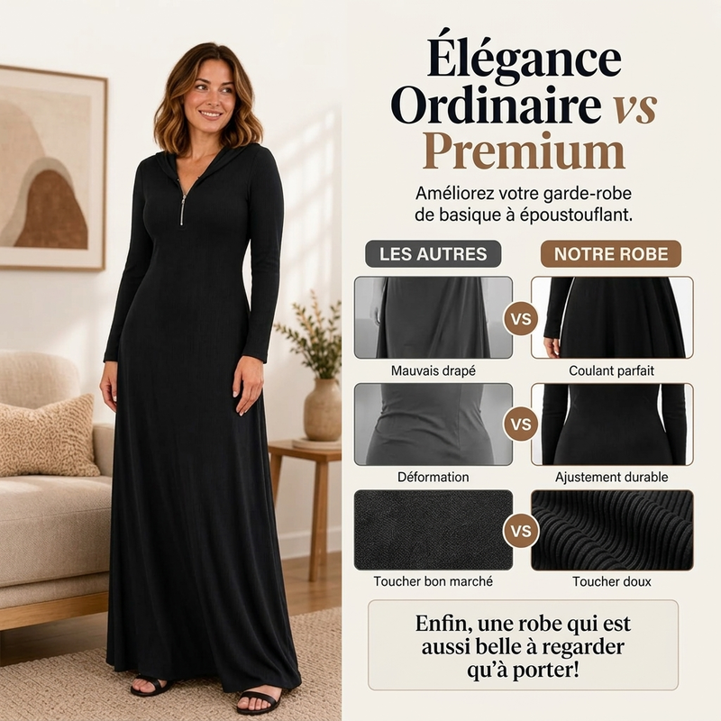 Robe longue en maille côtelée à capuche pour femme