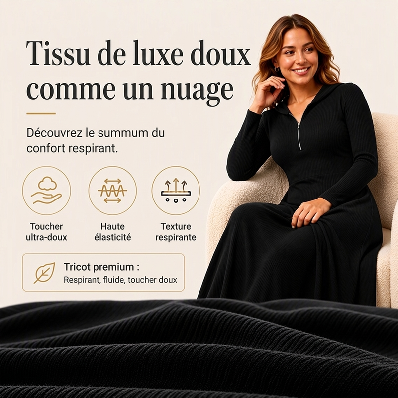 Robe longue en maille côtelée à capuche pour femme
