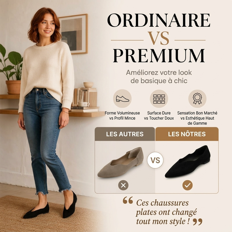 Chaussures plates élégantes pour femme, à bout pointu et découpe en V