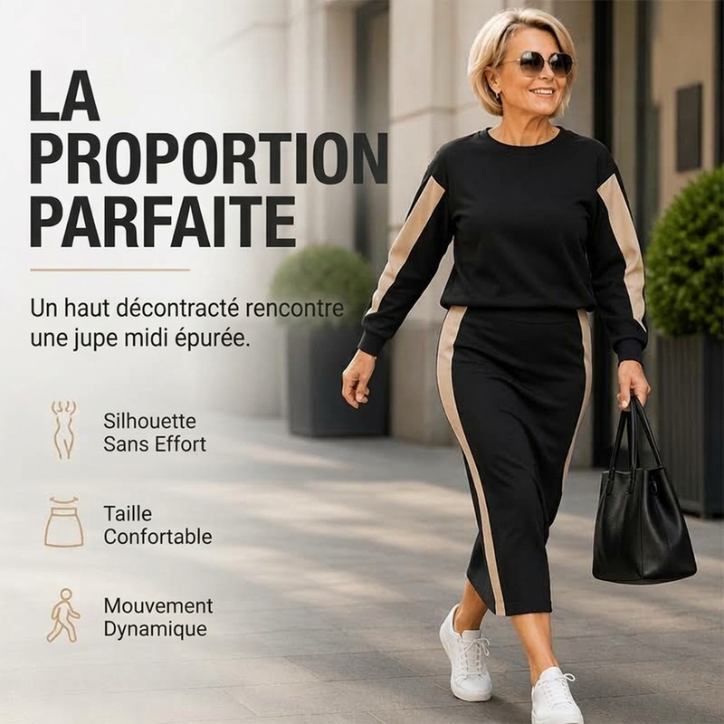 Ensemble deux pièces en maille pour femme : sweat à capuche et jupe midi