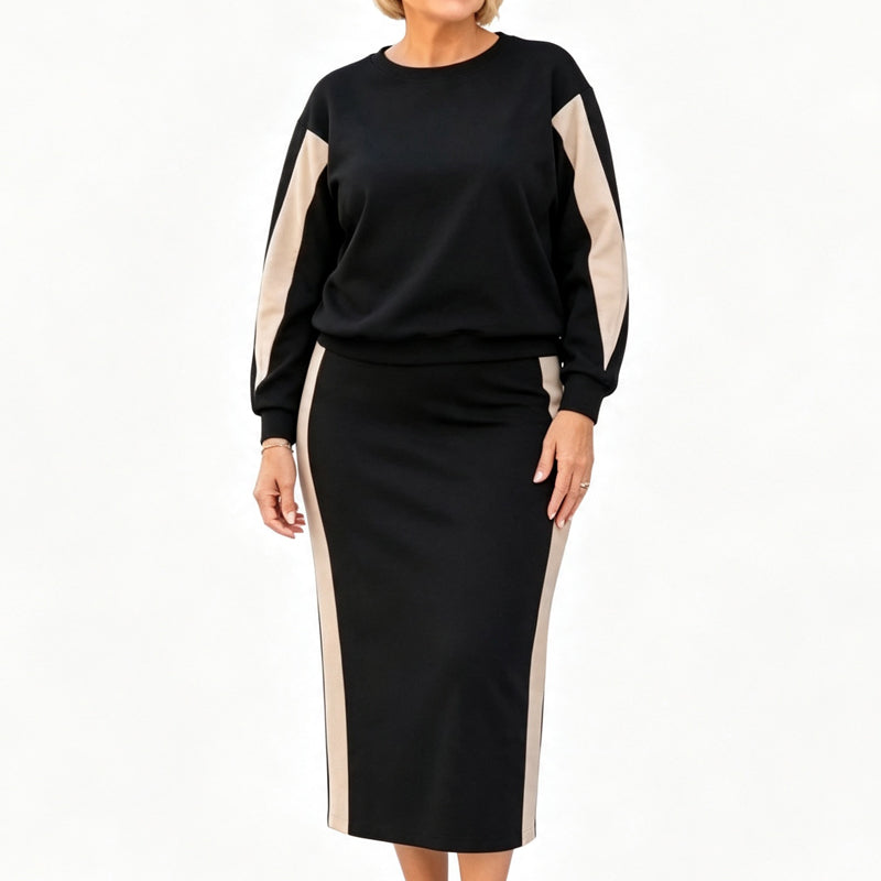 Ensemble deux pièces en maille pour femme : sweat à capuche et jupe midi