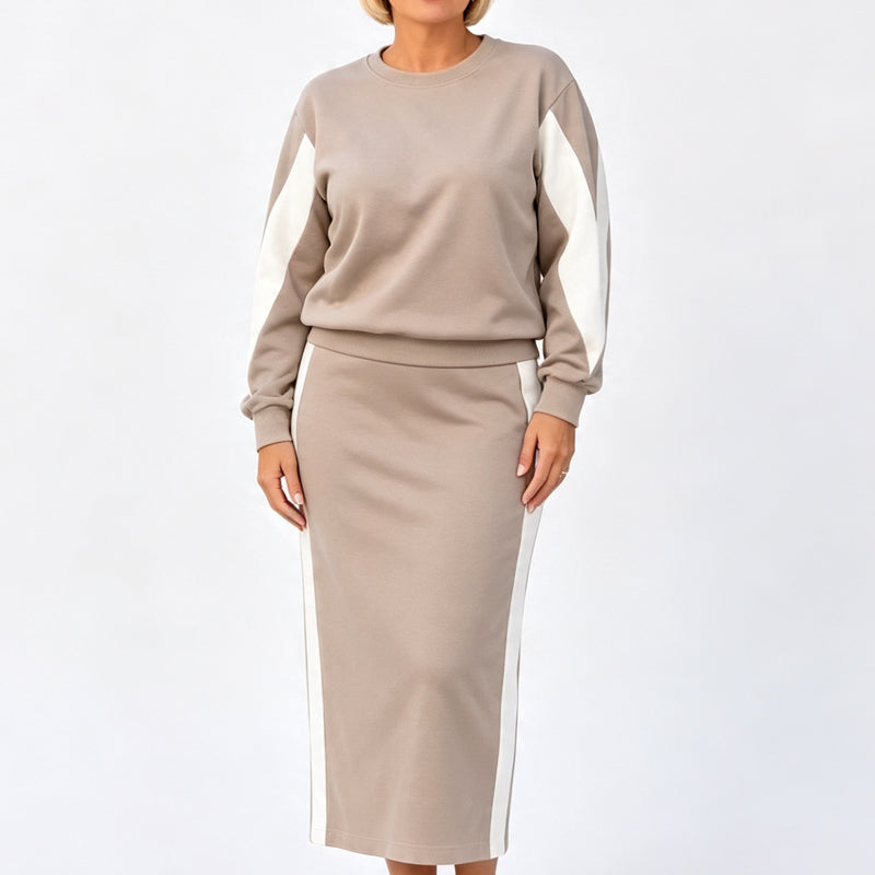 Ensemble deux pièces en maille pour femme : sweat à capuche et jupe midi