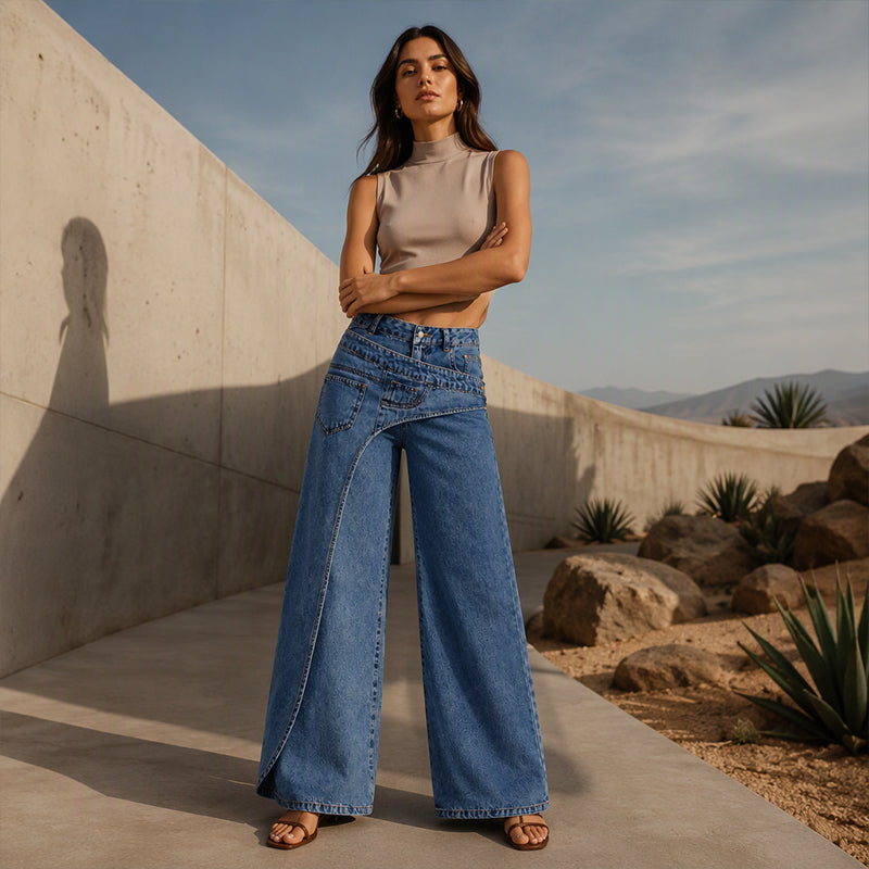 Jeans large à coupe asymétrique superposée tendance pour femmes