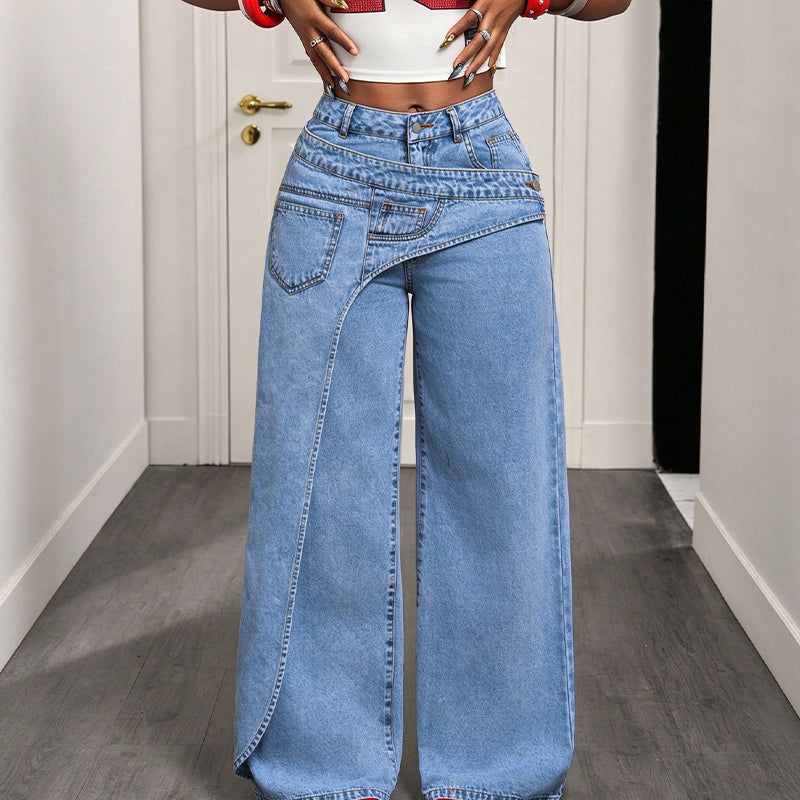 Jeans large à coupe asymétrique superposée tendance pour femmes