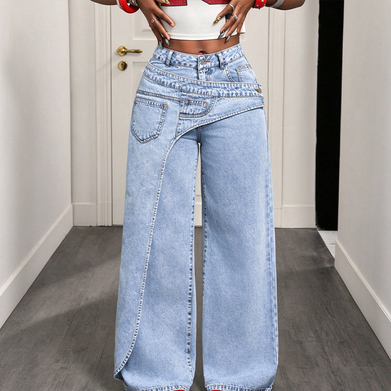 Jeans large à coupe asymétrique superposée tendance pour femmes