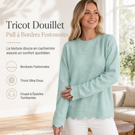 Pull col rond ourlet festonné pour femme