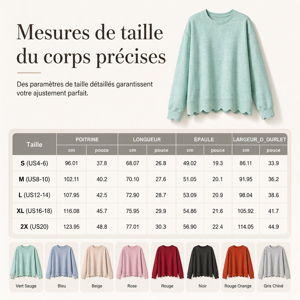 Pull col rond ourlet festonné pour femme