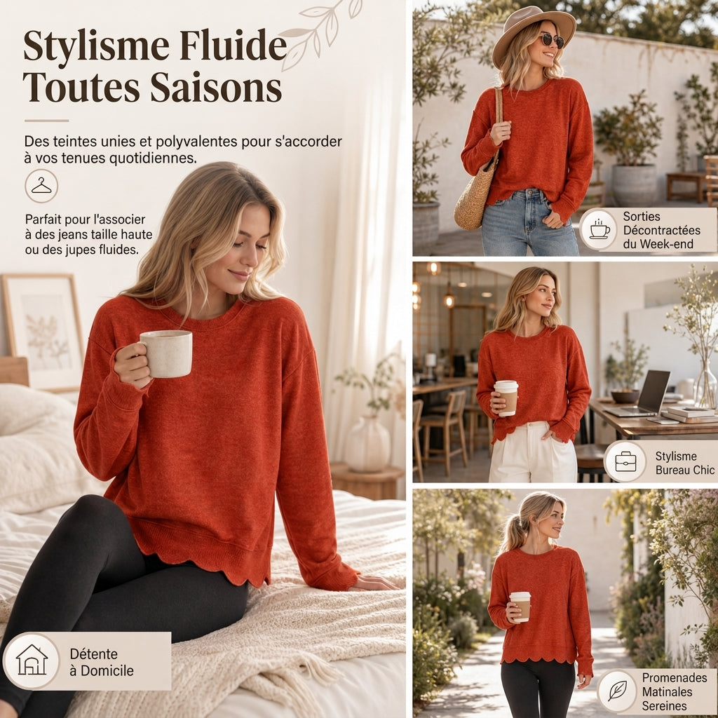 Pull col rond ourlet festonné pour femme