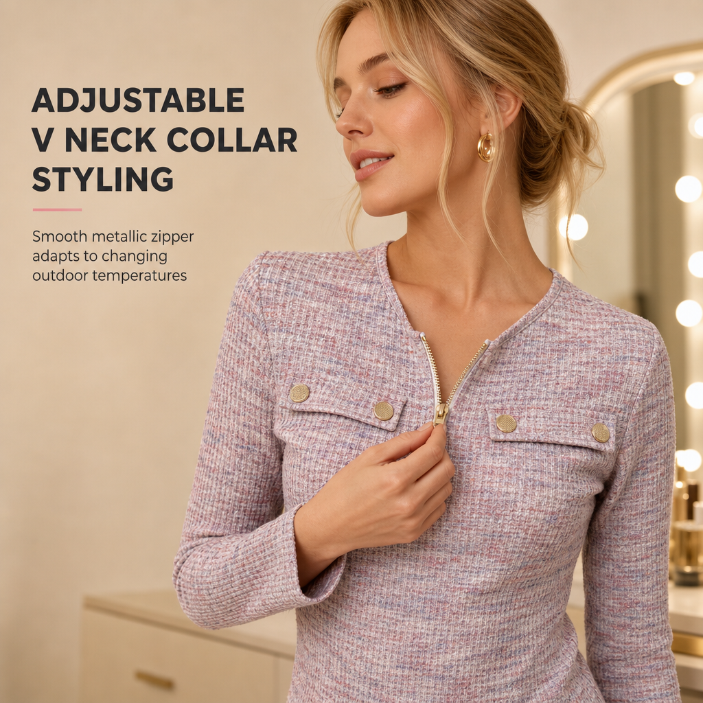 🌸Promotion exceptionnelle : 50 % de réduction💖Pull en maille à manches longues, col en V et demi-zip pour femme
